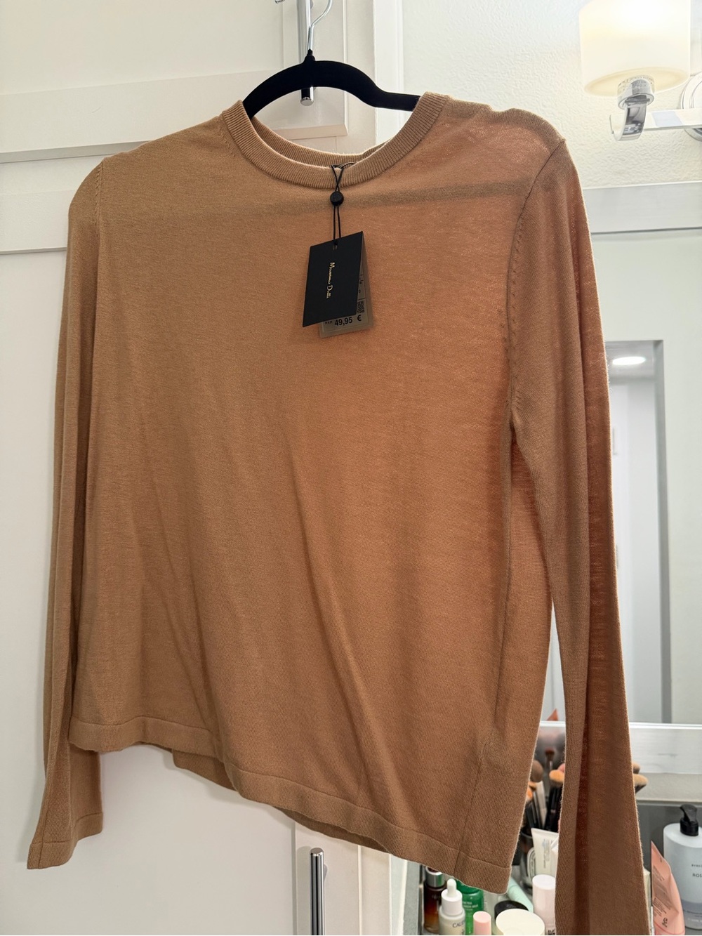 Massimo Dutti Tan Long-Sleeve Crewneck Top